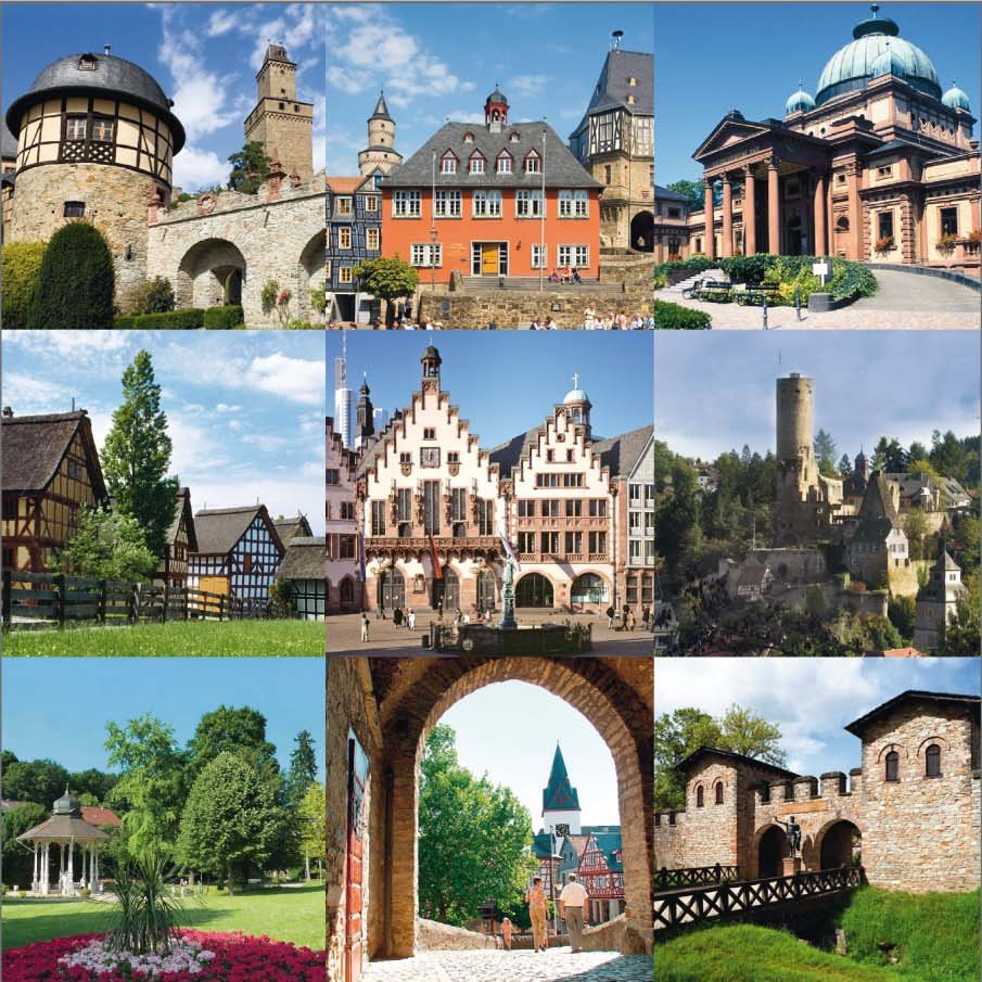 Das Cover des Titels Kennen Sie den Taunus und Frankfurt? Regionalführer entspricht dem Reihenlayout der Reihe »Kennen Sie …?« Die oberen Zweidrittel des Covers zeigen neun Baudenkmäler aus der Region; im unteren Drittel steht der Buchtitel in roter Schrift auf weißem Grund.